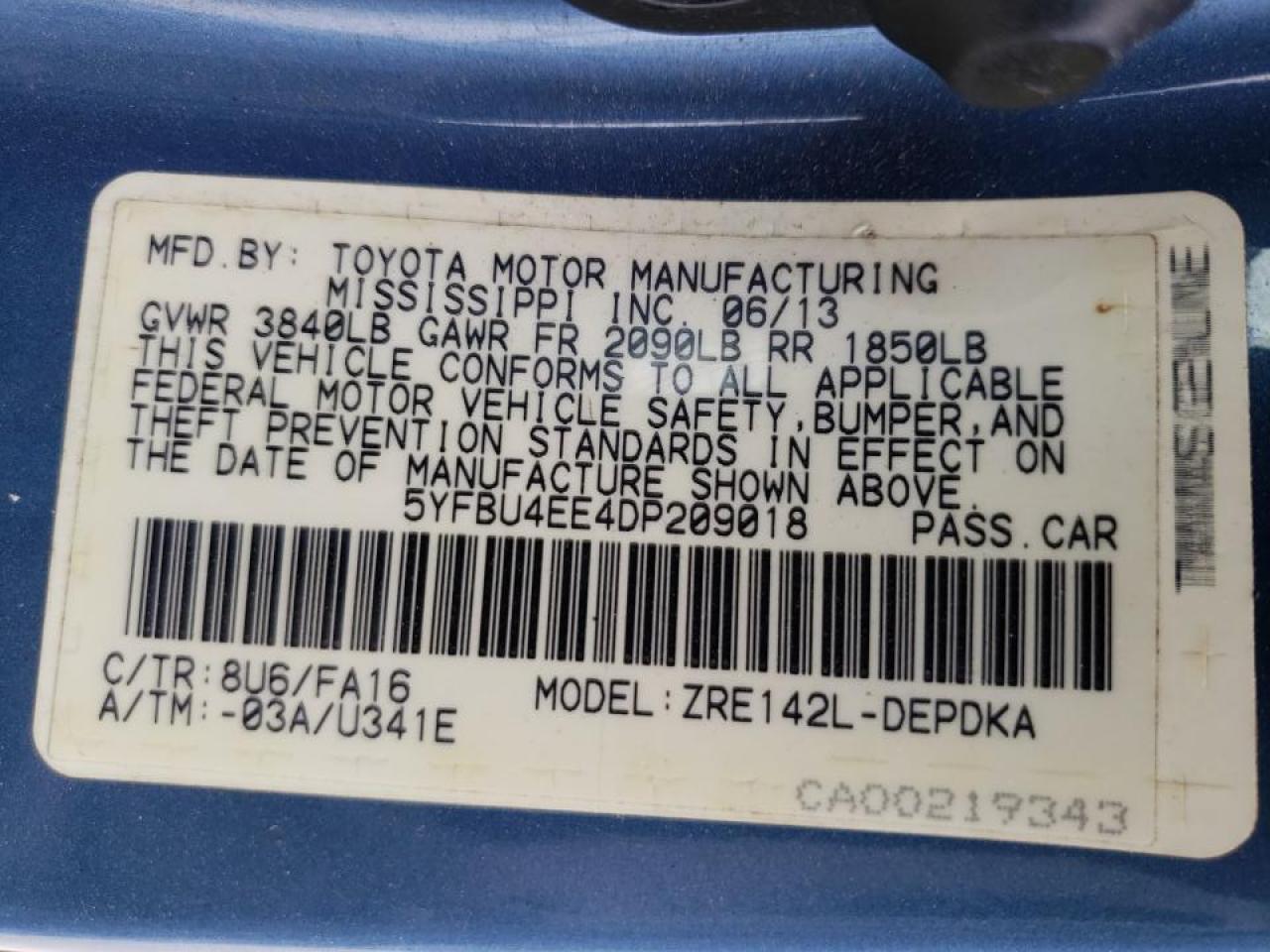 Photo 10 from auction – 2013 TOYOTA COROLLA BA with VIN 5YFBU4EE4DP209018