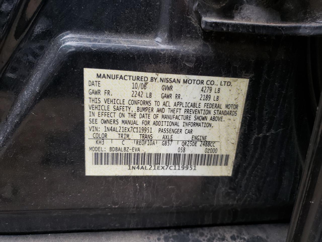 Photo 10 from auction – 2007 NISSAN ALTIMA 2.5 with VIN 1N4AL21EX7C119951