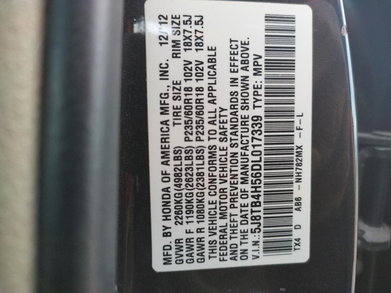 Photo 10 from auction – 2013 ACURA RDX TECHNO with VIN 5J8TB4H56DL017339