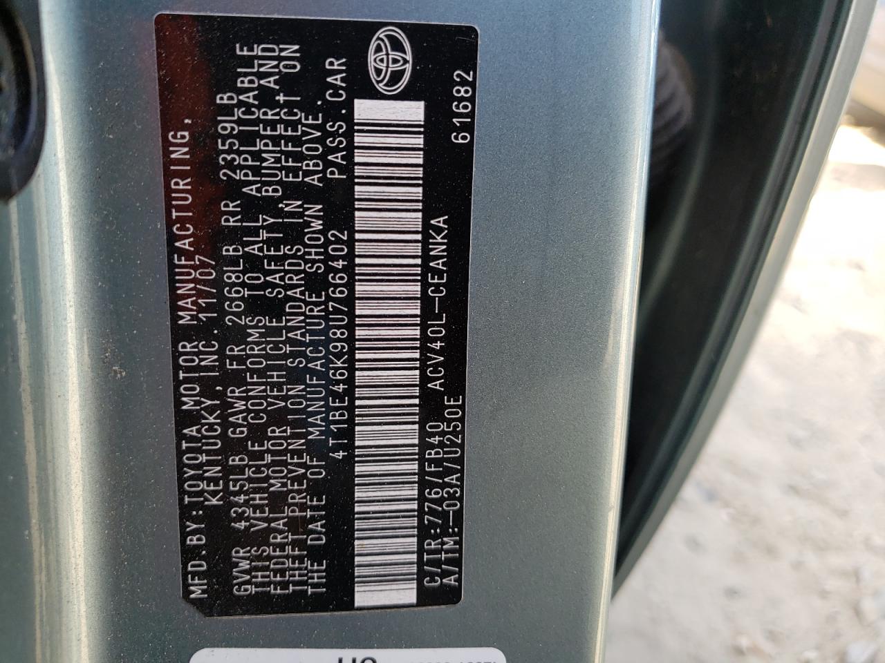 Photo 10 from auction – 2008 TOYOTA CAMRY CE with VIN 4T1BE46K98U766402