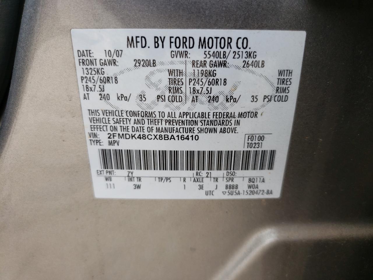 Photo 10 from auction – 2008 FORD EDGE SEL with VIN 2FMDK48CX8BA16410