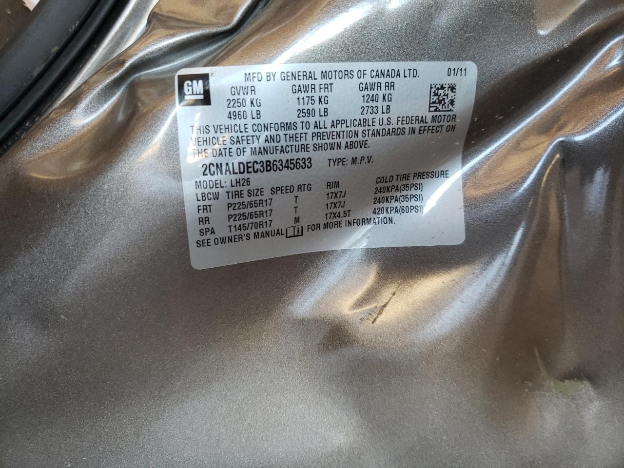 Zdjęcie 10 z aukcji – 2011 CHEVROLET EQUINOX LT z VIN 2CNALDEC3B6345633