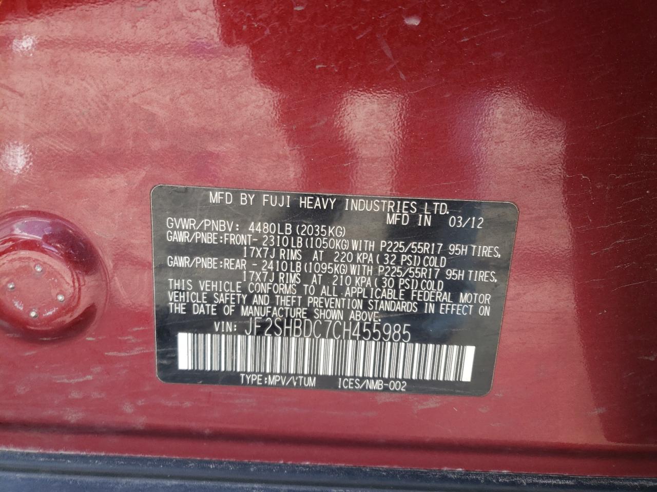 Photo 10 from auction – 2012 SUBARU FORESTER 2 with VIN JF2SHBDC7CH455985