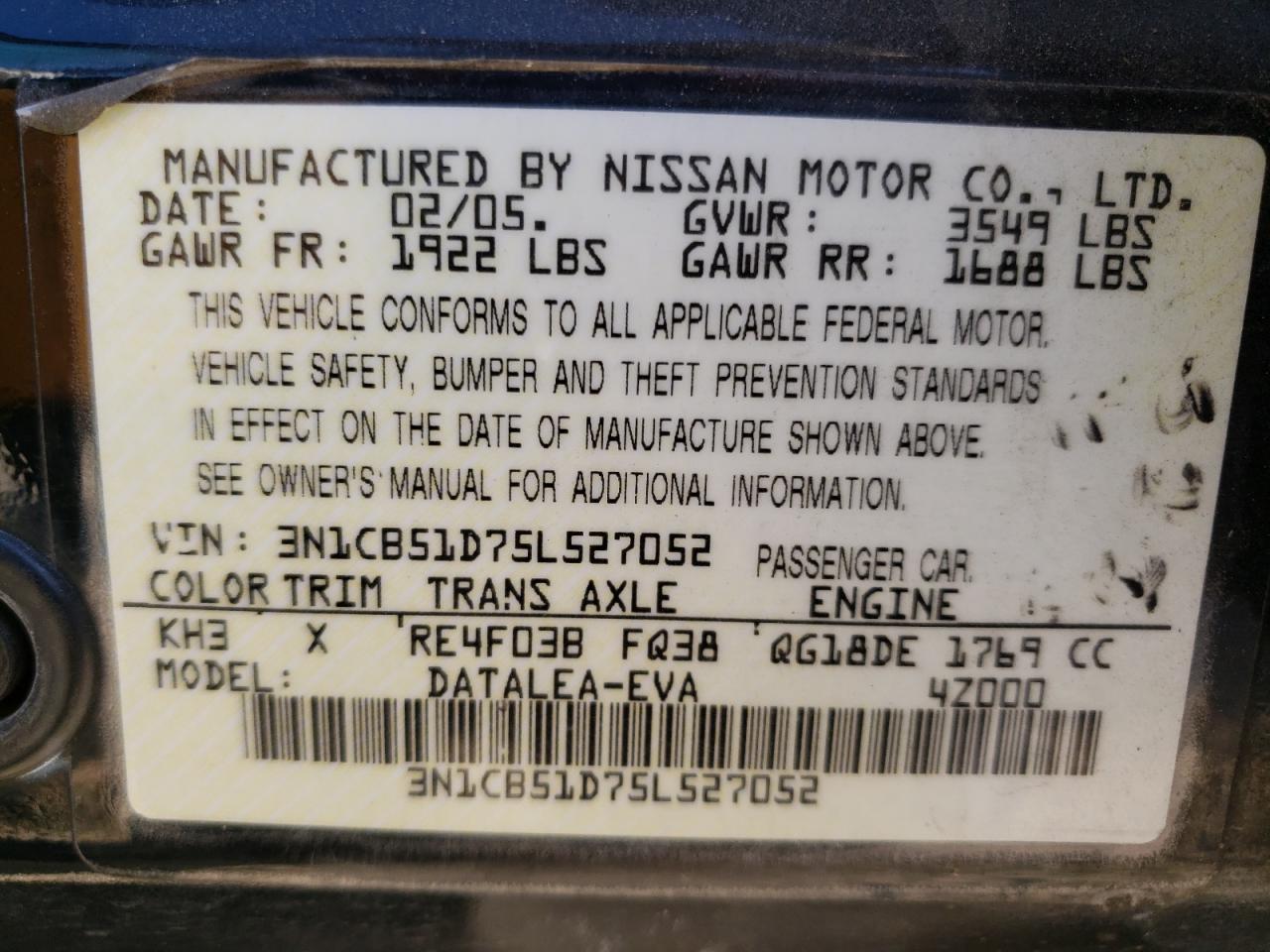 Photo 10 from auction – 2005 NISSAN SENTRA 1.8 with VIN 3N1CB51D75L527052