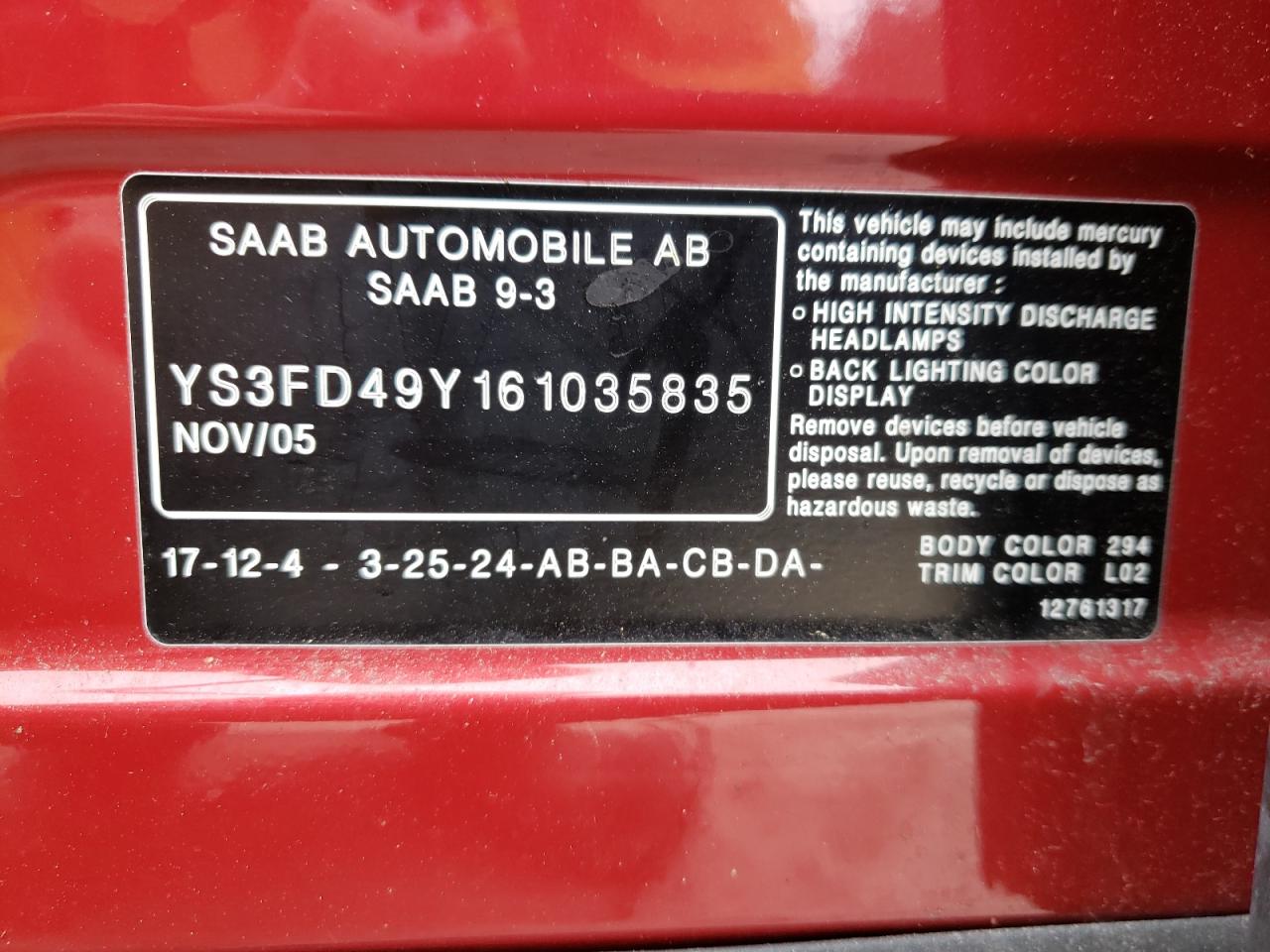 Photo 10 from auction – 2006 SAAB 9-3 with VIN YS3FD49Y161035835