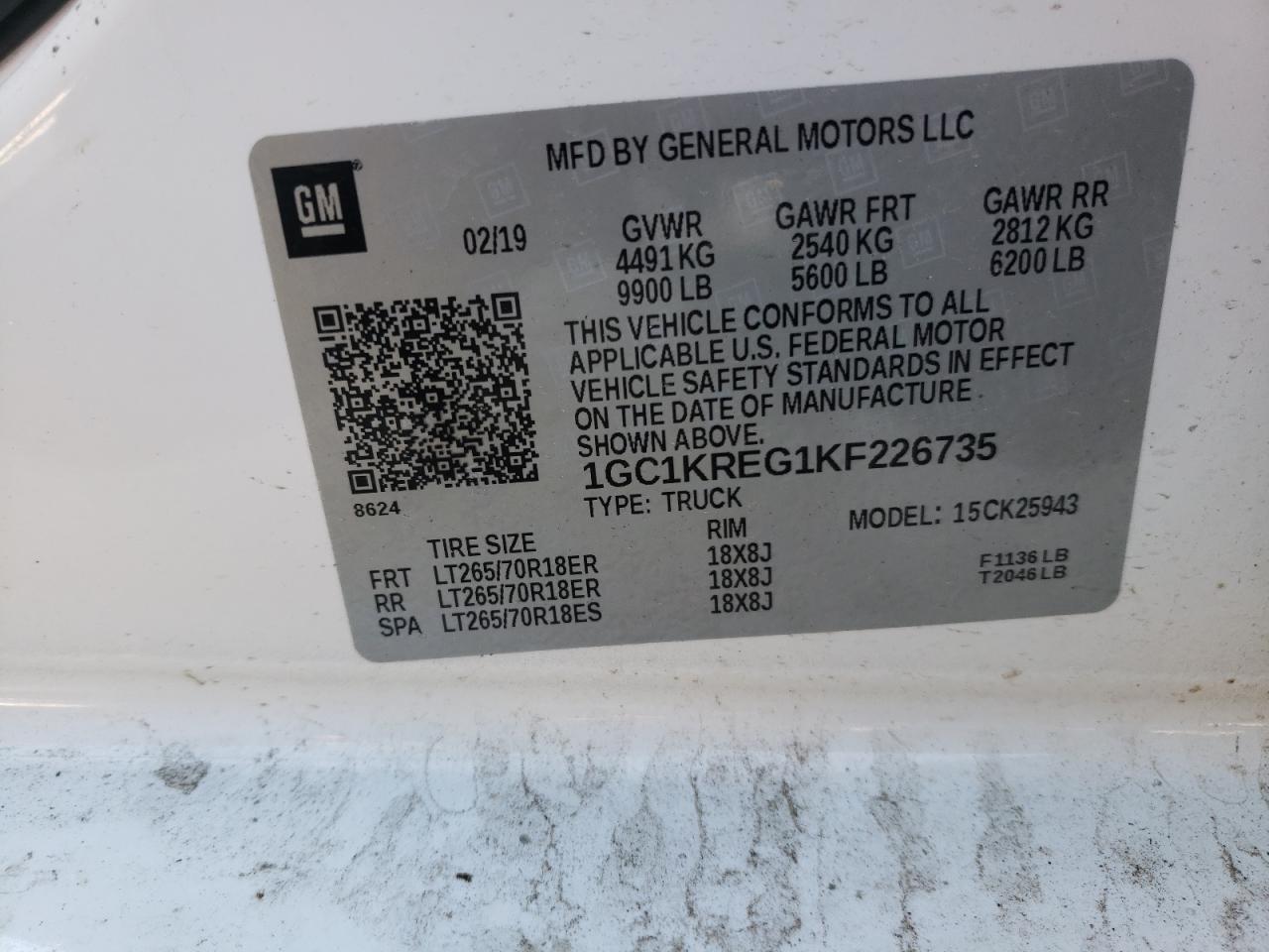 Photo 10 from auction – 2019 CHEVROLET SILVERADO with VIN 1GC1KREG1KF226735