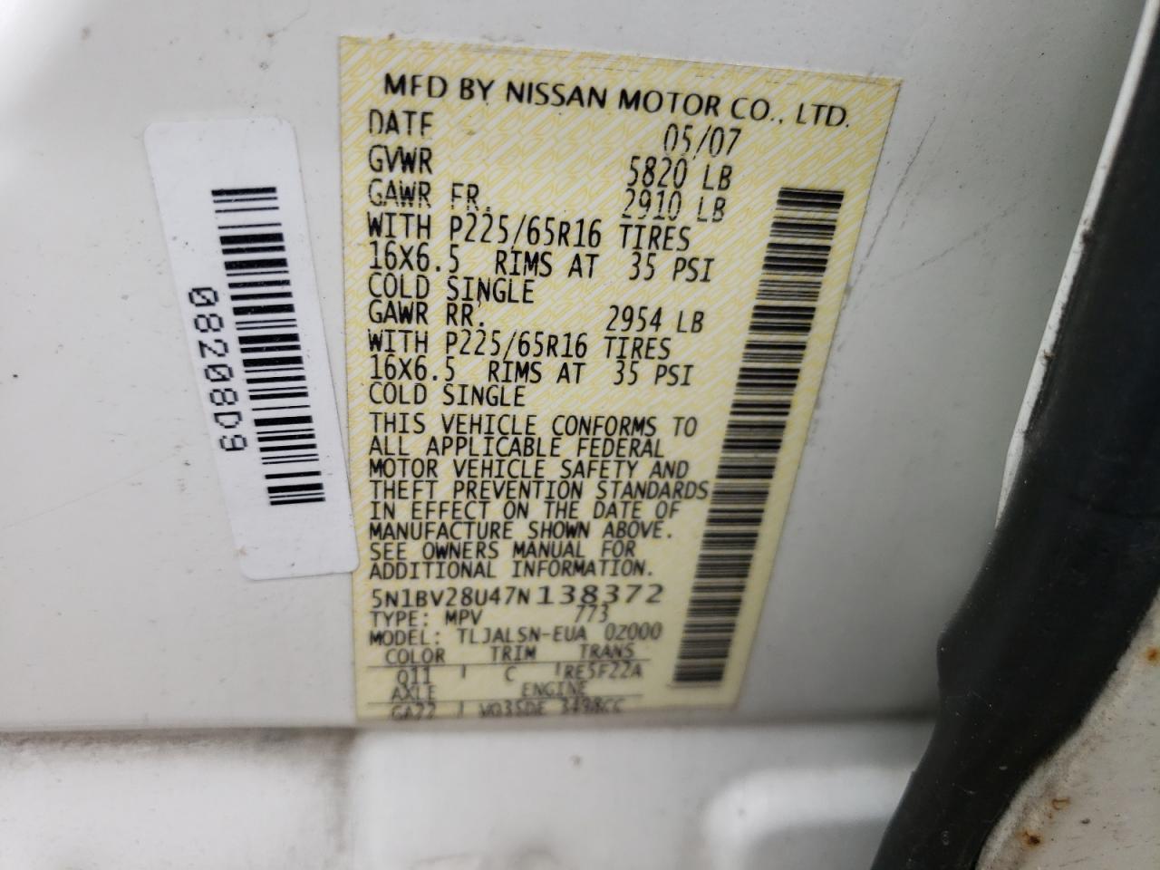 Photo 10 from auction – 2007 NISSAN QUEST S with VIN 5N1BV28U47N138372