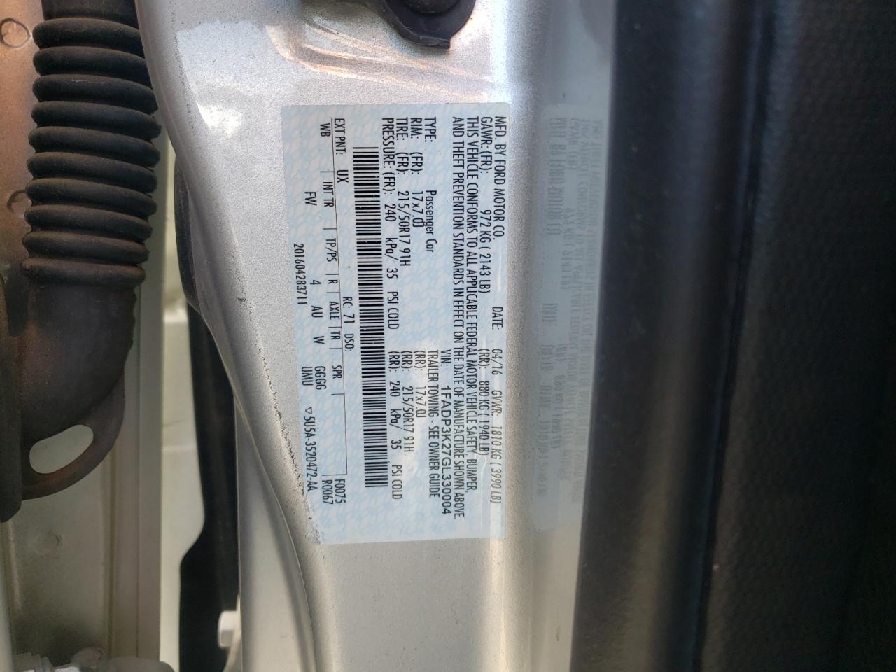 Photo 10 from auction – 2016 FORD FOCUS SE with VIN 1FADP3K27GL330004
