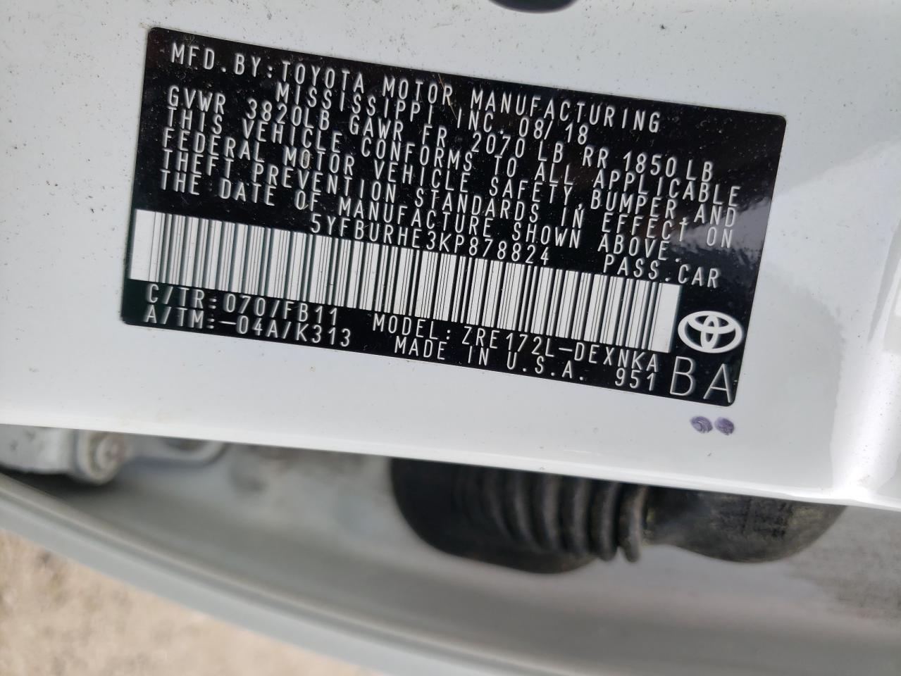 Photo 10 from auction – 2019 TOYOTA COROLLA L with VIN 5YFBURHE3KP878824
