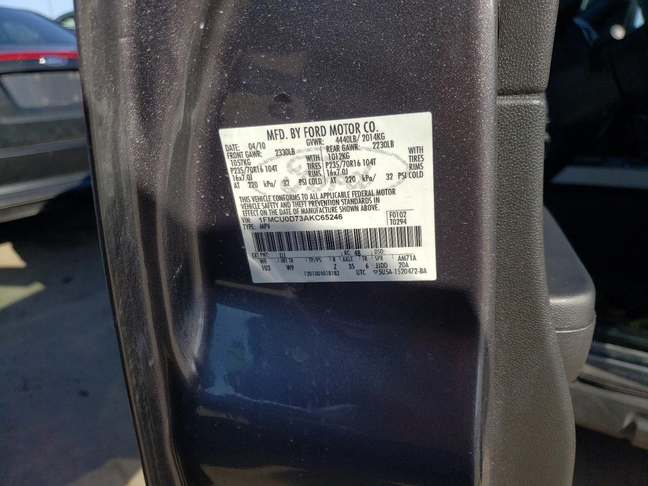 Photo 10 from auction – 2010 FORD ESCAPE XLT with VIN 1FMCU0D73AKC65246