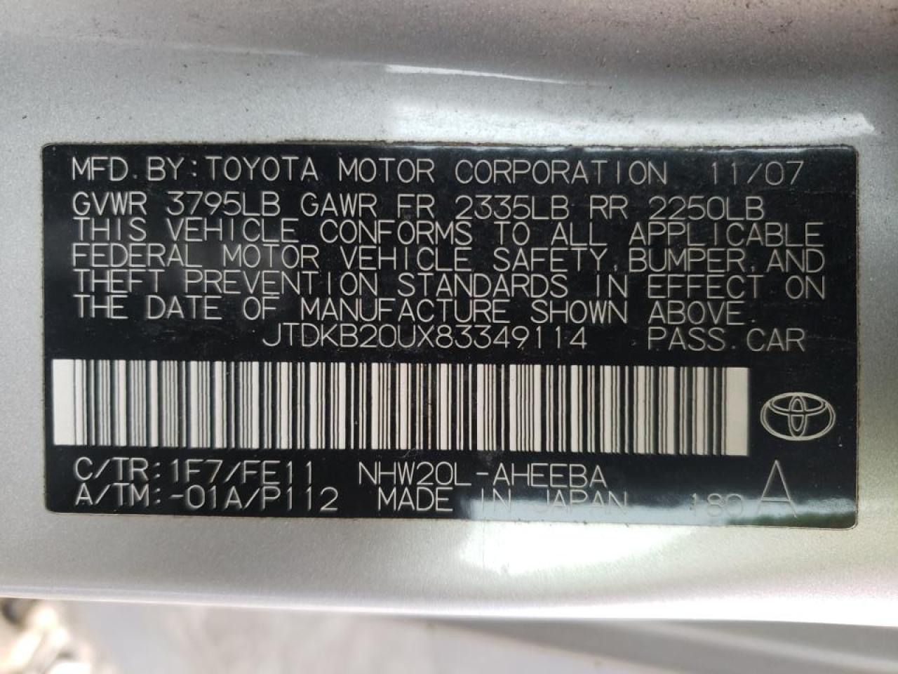 Photo 10 from auction – 2008 TOYOTA PRIUS with VIN JTDKB20UX83349114
