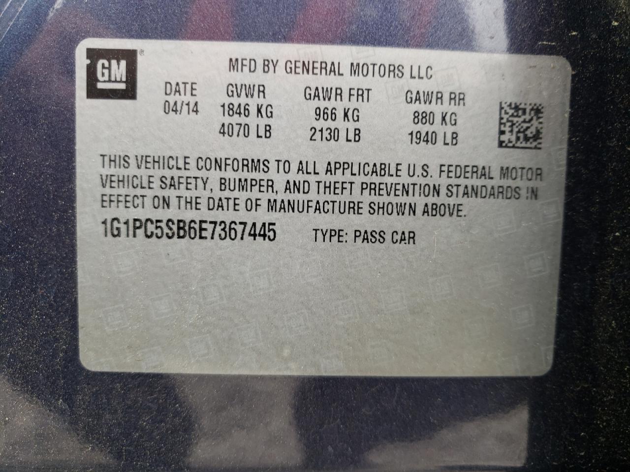 Photo 10 from auction – 2014 CHEVROLET CRUZE LT with VIN 1G1PC5SB6E7367445