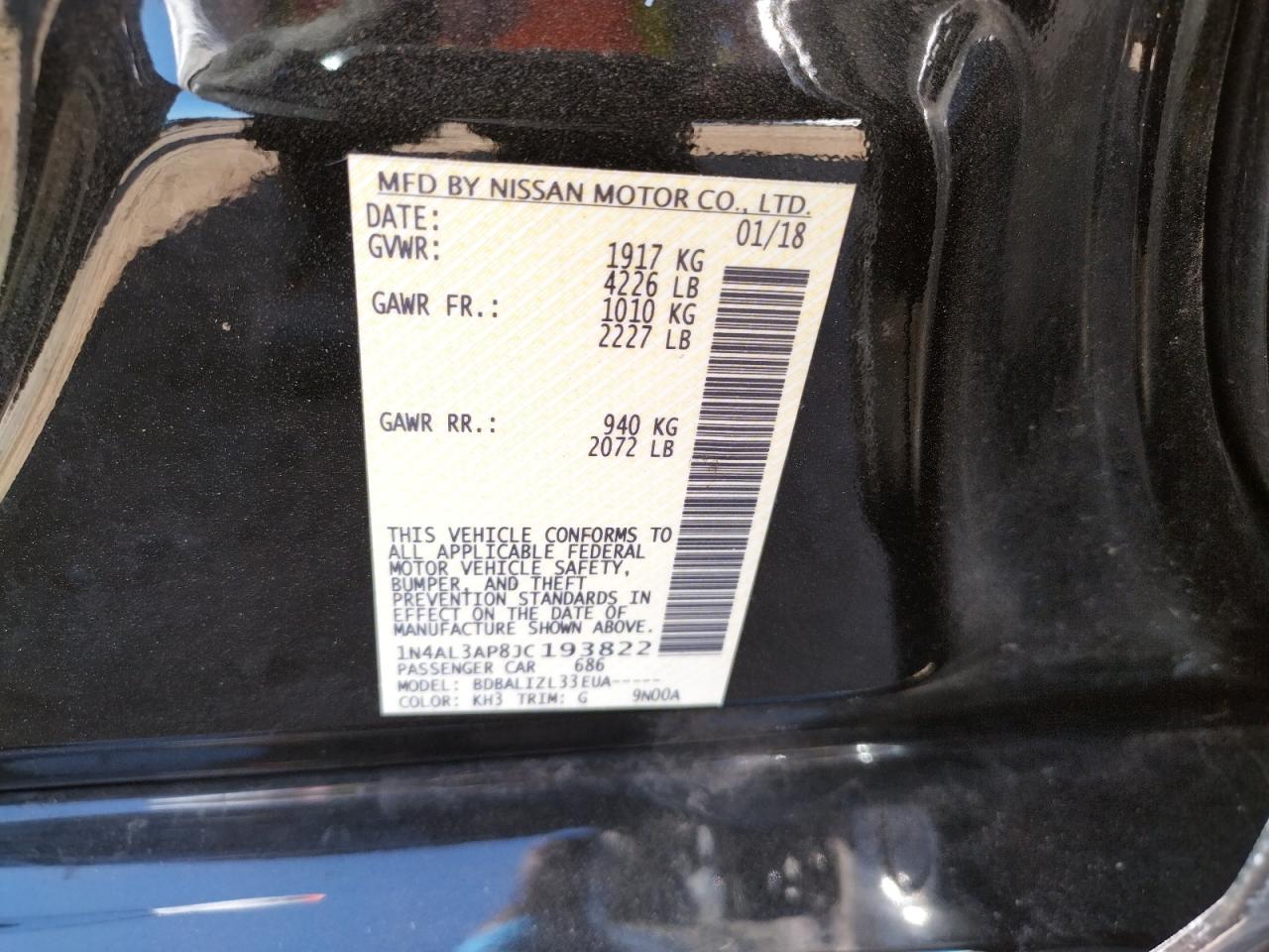 Photo 10 from auction – 2018 NISSAN ALTIMA 2.5 with VIN 1N4AL3AP8JC193822