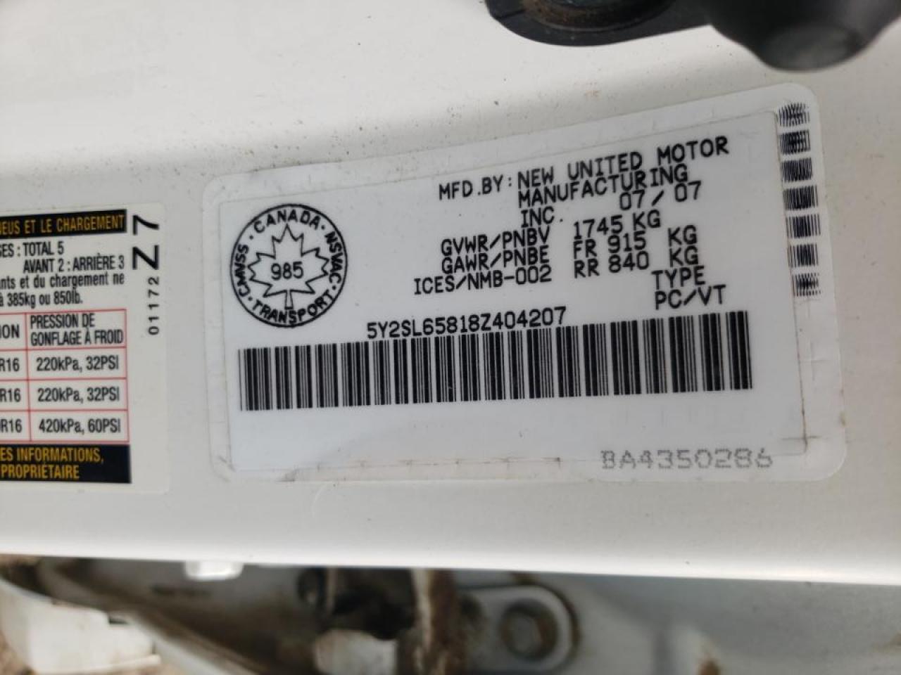 Photo 10 from auction – 2008 PONTIAC VIBE with VIN 5Y2SL65818Z404207