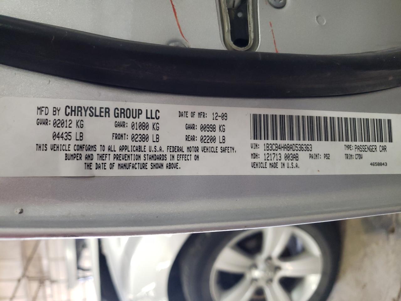 Photo 10 from auction – 2010 DODGE CALIBER SX with VIN 1B3CB4HA8AD536363