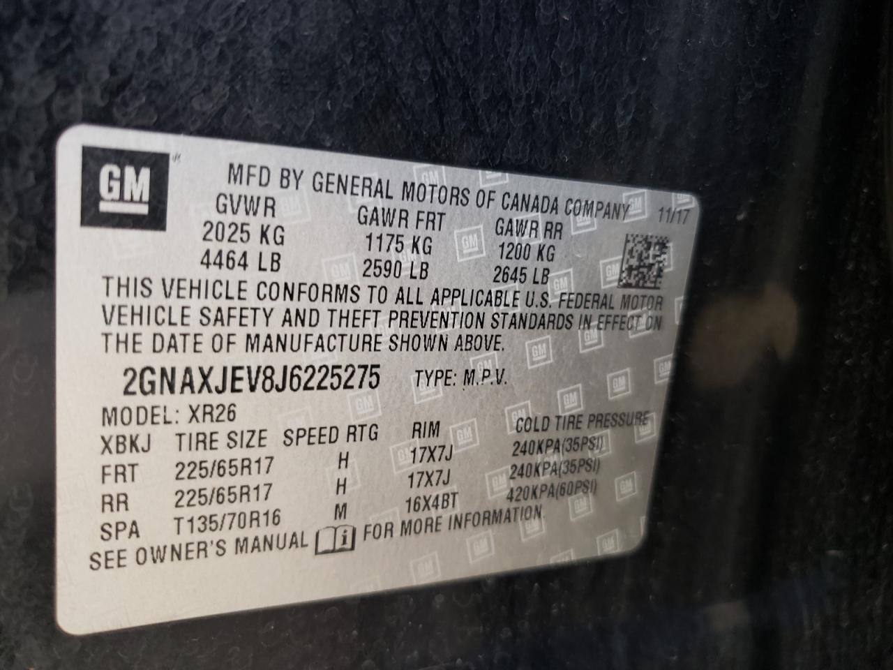 Photo 10 from auction – 2018 CHEVROLET EQUINOX LT with VIN 2GNAXJEV8J6225275
