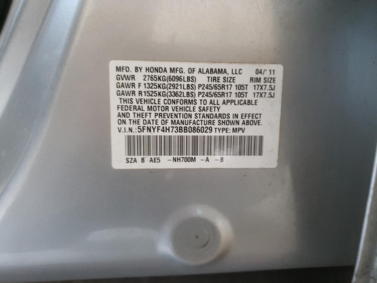 Photo 10 from auction – 2011 HONDA PILOT EXLN with VIN 5FNYF4H73BB086029