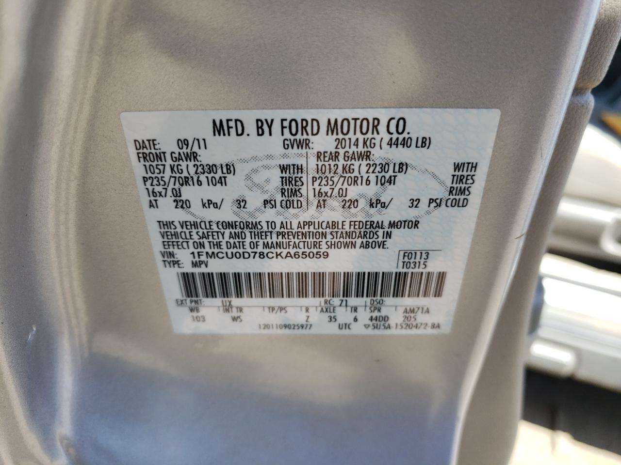 Photo 10 from auction – 2012 FORD ESCAPE XLT with VIN 1FMCU0D78CKA65059