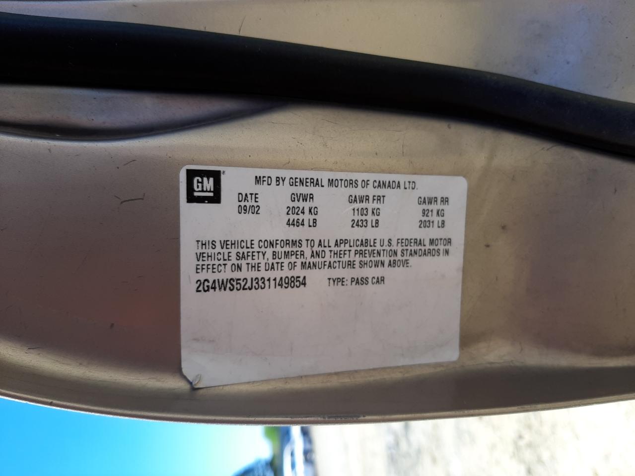 Photo 10 from auction – 2003 BUICK CENTURY with VIN 2G4WS52J331149854
