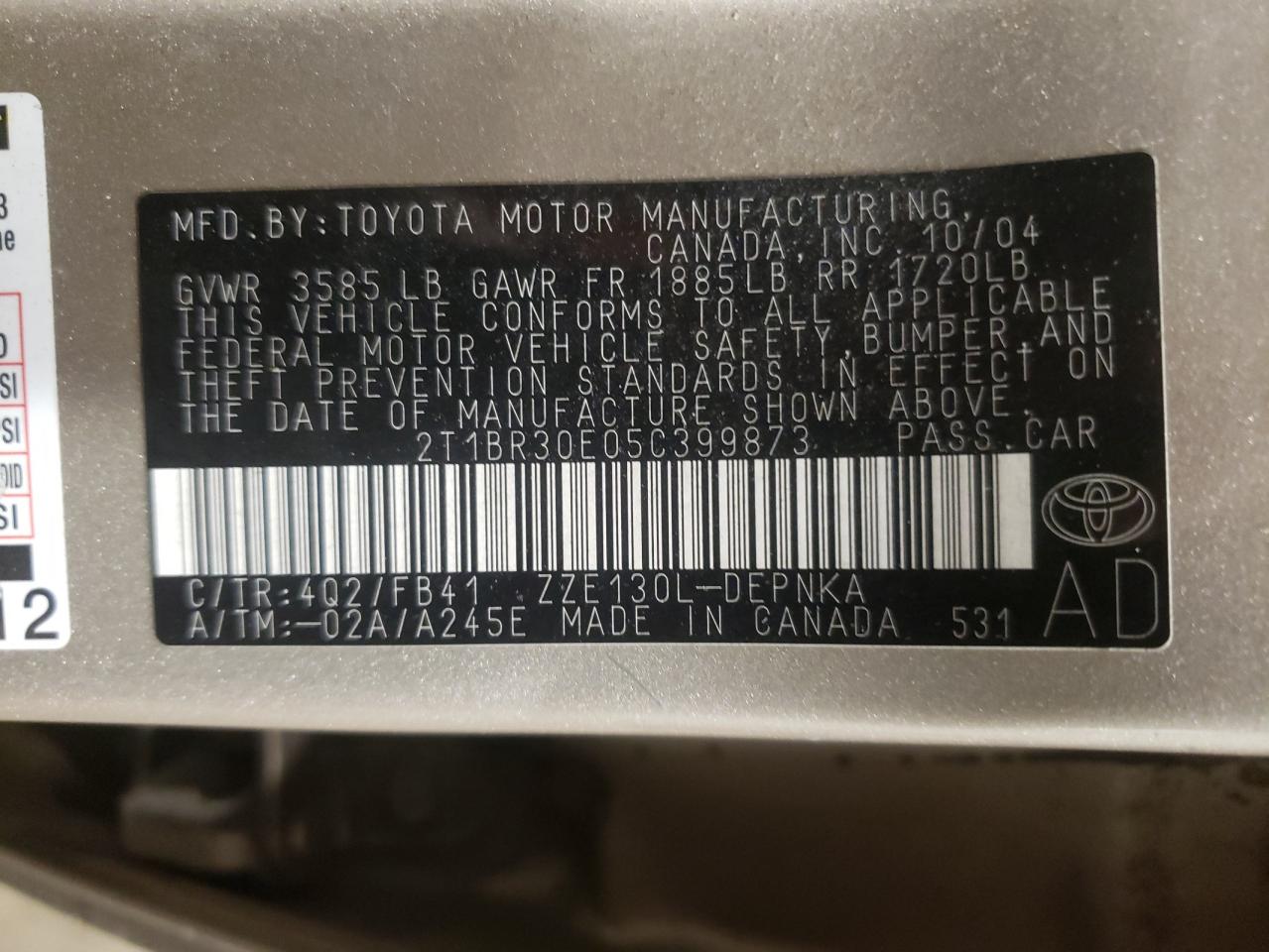 Zdjęcie 10 z aukcji – 2005 TOYOTA COROLLA CE z VIN 2T1BR30E05C399873