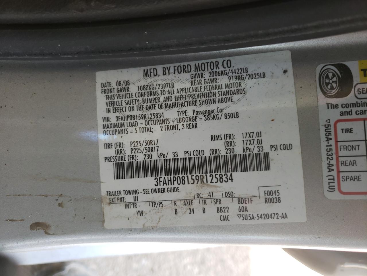 Photo 10 from auction – 2009 FORD FUSION SEL with VIN 3FAHP08159R125834