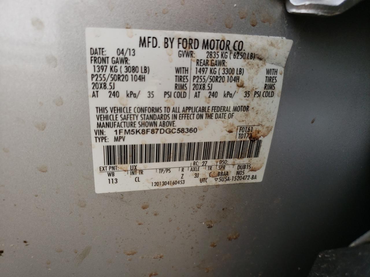 Photo 10 from auction – 2013 FORD EXPLORER L with VIN 1FM5K8F87DGC58360