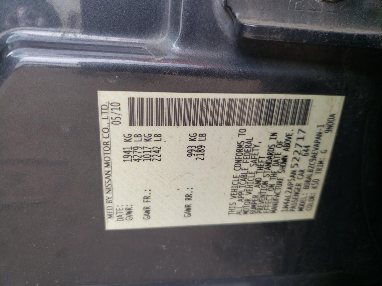 Photo 10 from auction – 2010 NISSAN ALTIMA BAS with VIN 1N4AL2AP5AN522717