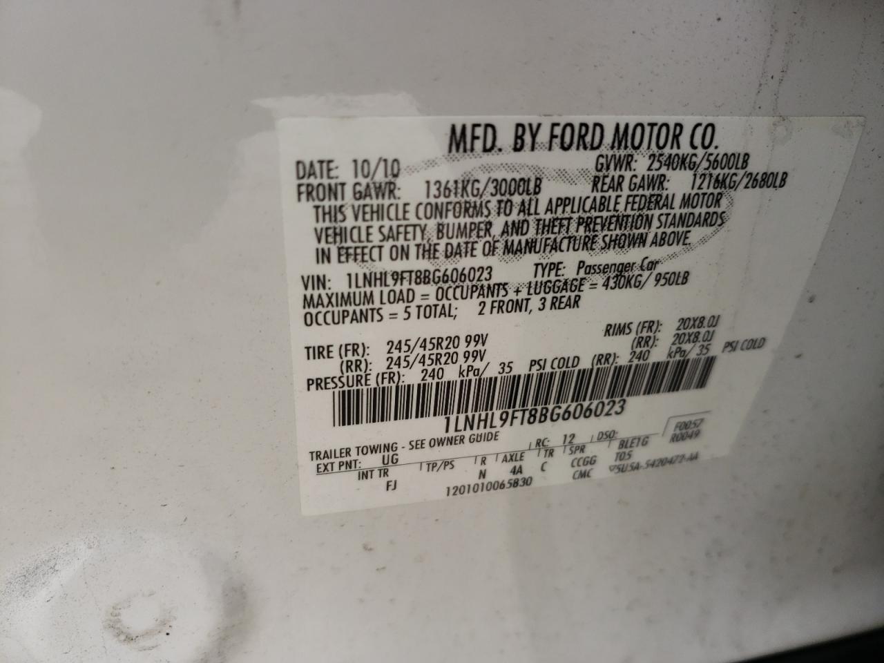 Photo 10 from auction – 2011 LINCOLN MKS with VIN 1LNHL9FT8BG606023