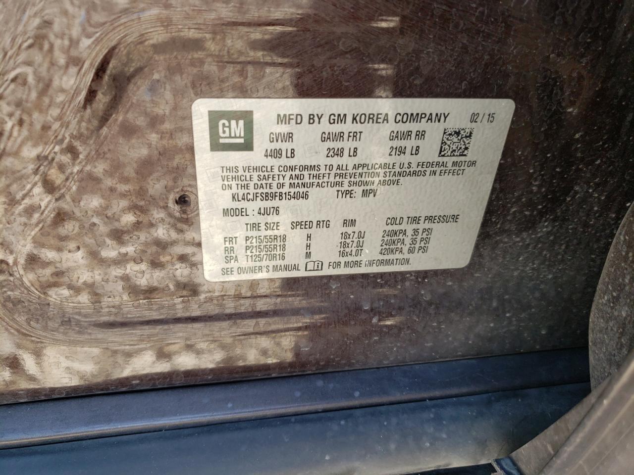 Photo 10 from auction – 2015 BUICK ENCORE CON with VIN KL4CJFSB9FB154046