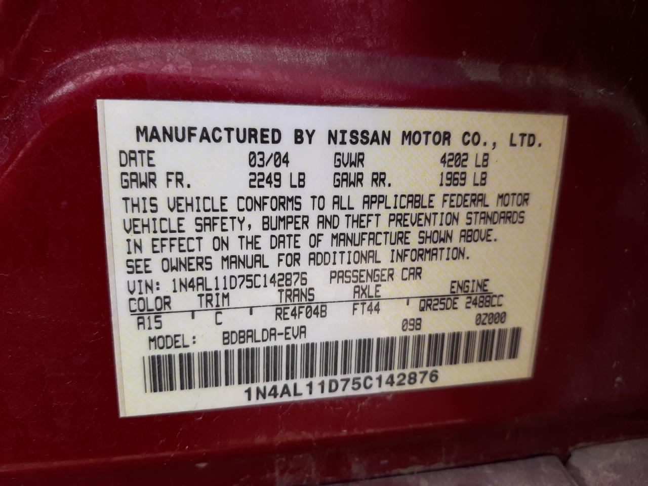 Photo 10 from auction – 2005 NISSAN ALTIMA S with VIN 1N4AL11D75C142876