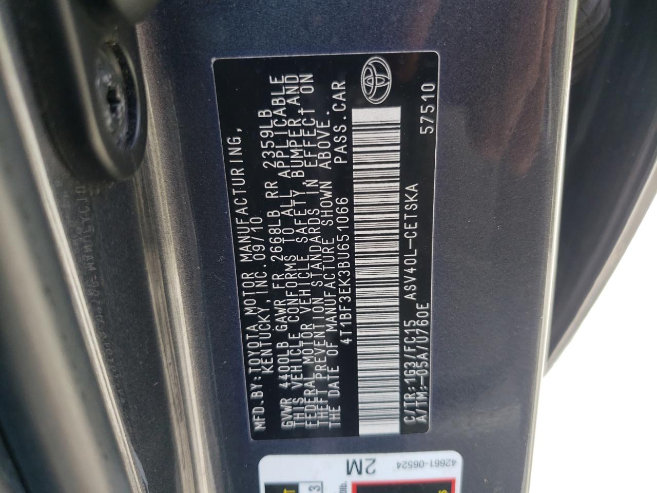 Photo 10 from auction – 2011 TOYOTA CAMRY BASE with VIN 4T1BF3EK3BU651066