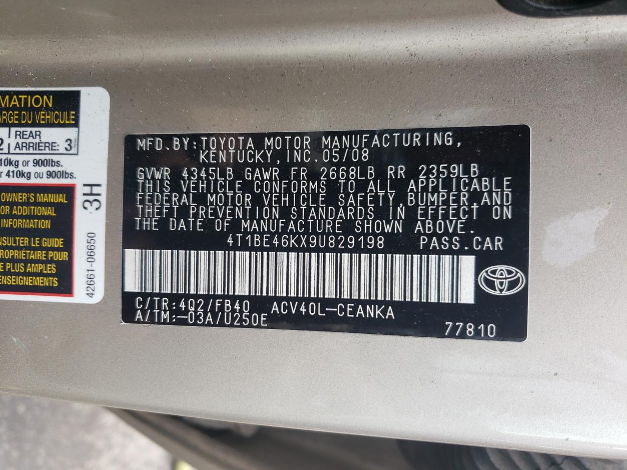 Photo 10 from auction – 2009 TOYOTA CAMRY BASE with VIN 4T1BE46KX9U829198