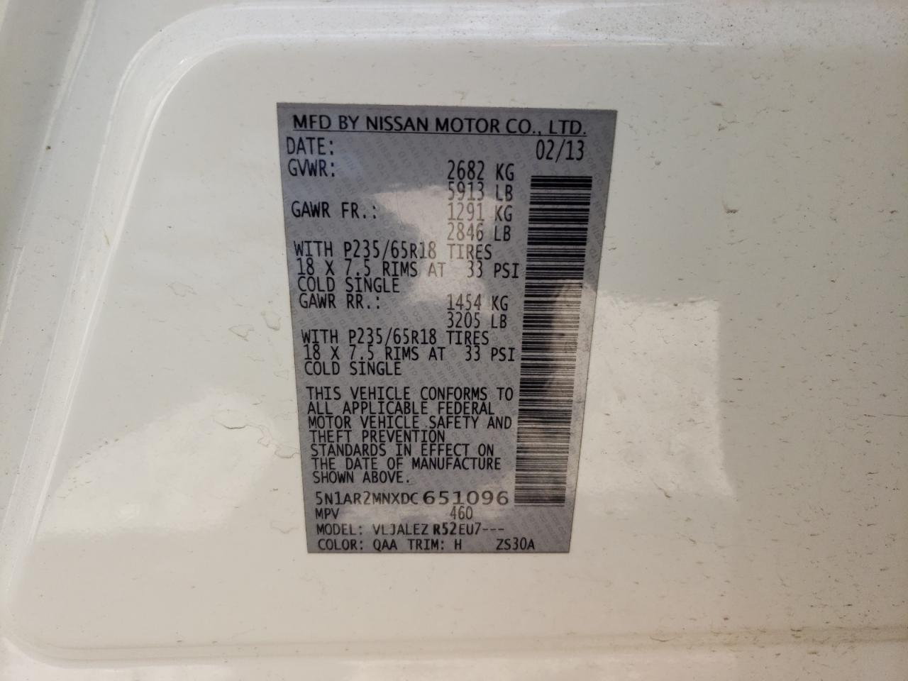 Photo 10 from auction – 2013 NISSAN PATHFINDER with VIN 5N1AR2MNXDC651096