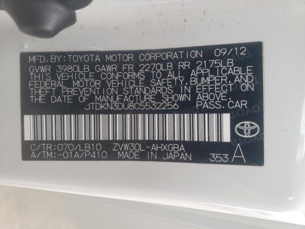 Photo 10 from auction – 2012 TOYOTA PRIUS with VIN JTDKN3DU8C5532256