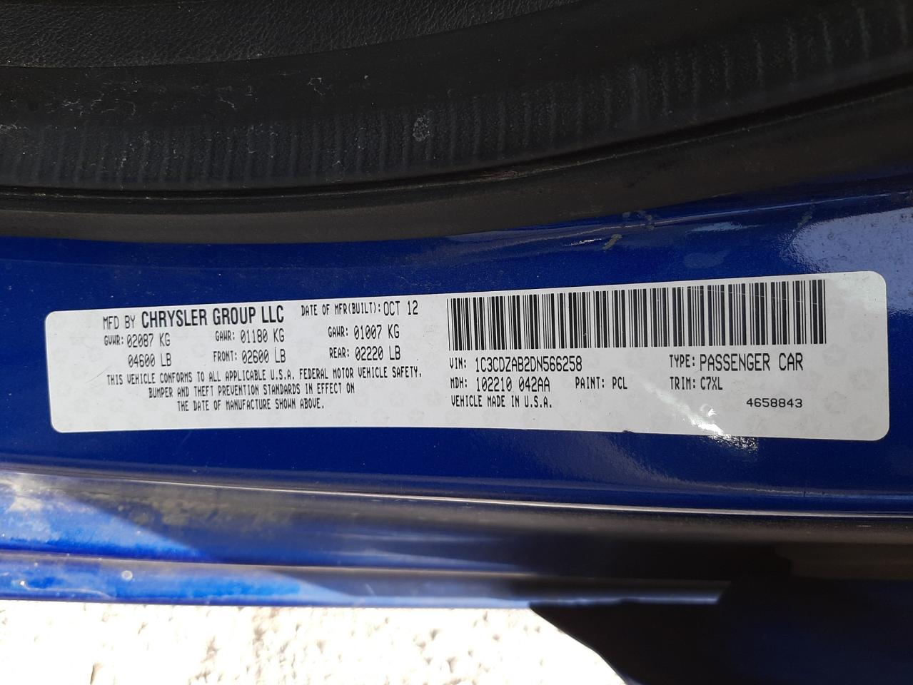 Photo 10 from auction – 2013 DODGE AVENGER SE with VIN 1C3CDZAB2DN566258