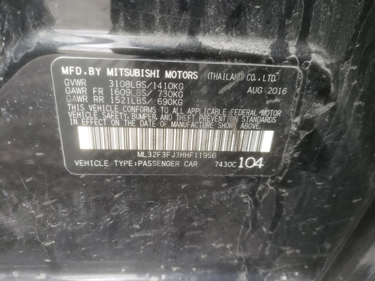 Photo 10 from auction – 2017 MITSUBISHI MIRAGE G4 with VIN ML32F3FJ3HHF11956