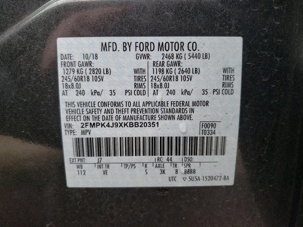Photo 10 from auction – 2019 FORD EDGE SEL with VIN 2FMPK4J9XKBB20351