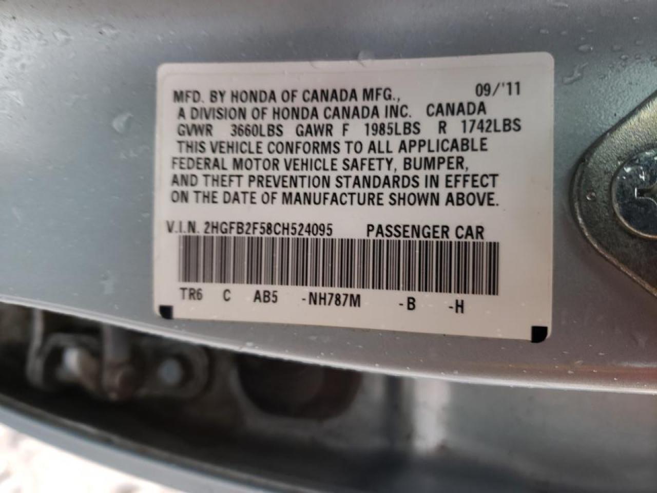 Photo 10 from auction – 2012 HONDA CIVIC LX with VIN 2HGFB2F58CH524095