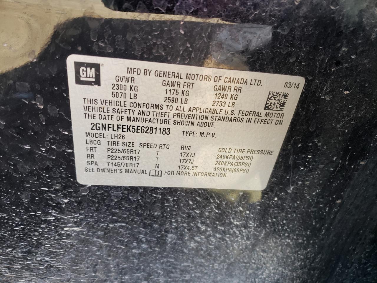Photo 10 from auction – 2014 CHEVROLET EQUINOX LT with VIN 2GNFLFEK5E6281183