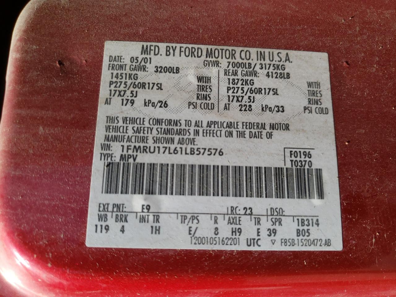 Photo 10 from auction – 2001 FORD EXPEDITION with VIN 1FMRU17L61LB57576