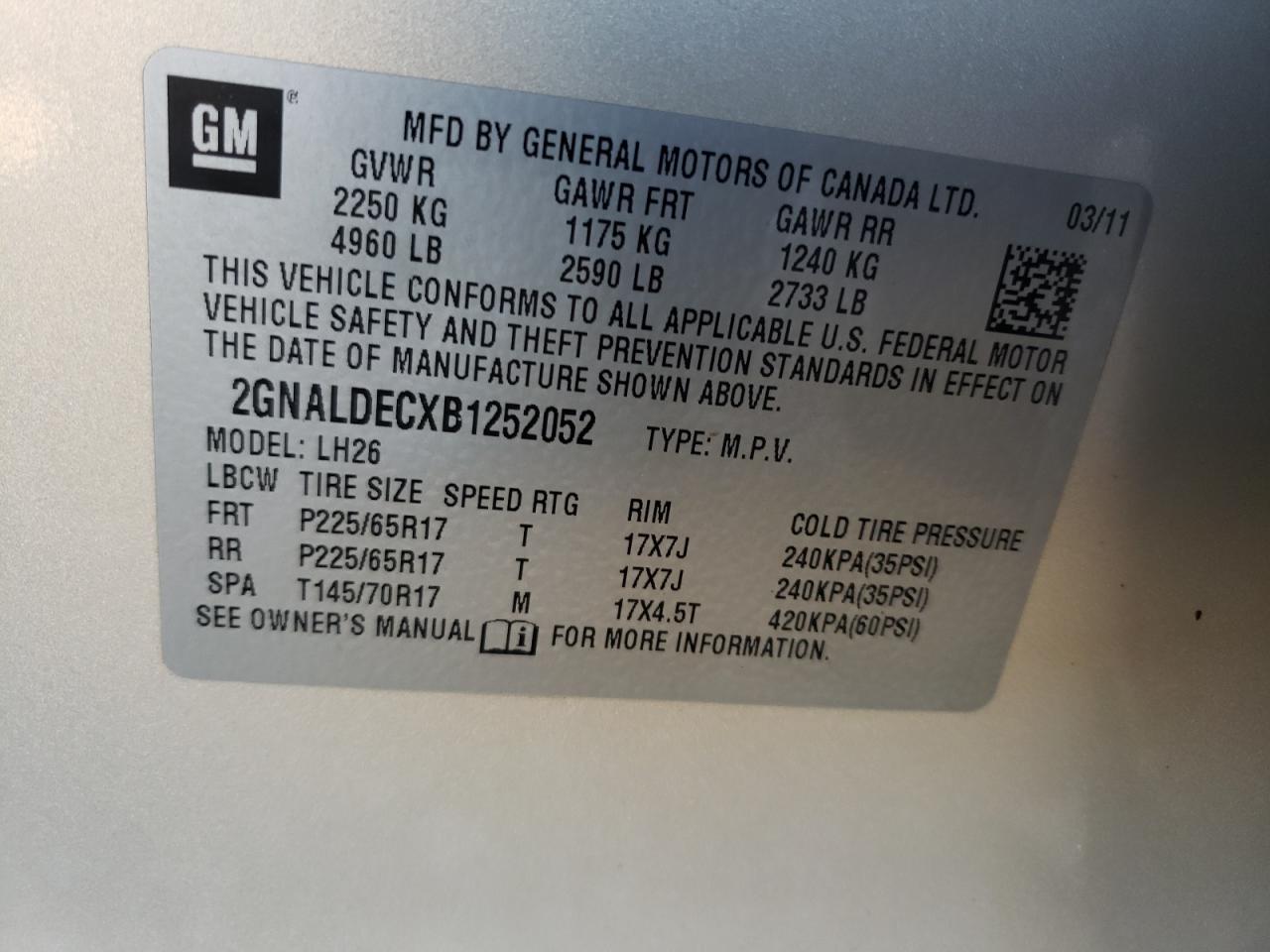 Photo 10 from auction – 2011 CHEVROLET EQUINOX LT with VIN 2GNALDECXB1252052