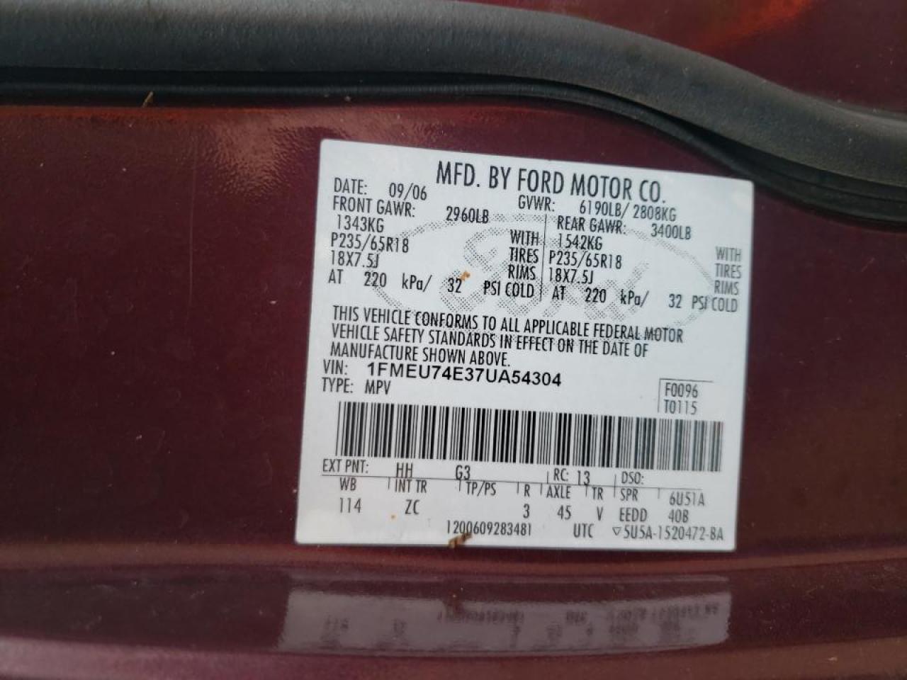Photo 10 from auction – 2007 FORD EXPLORER E with VIN 1FMEU74E37UA54304
