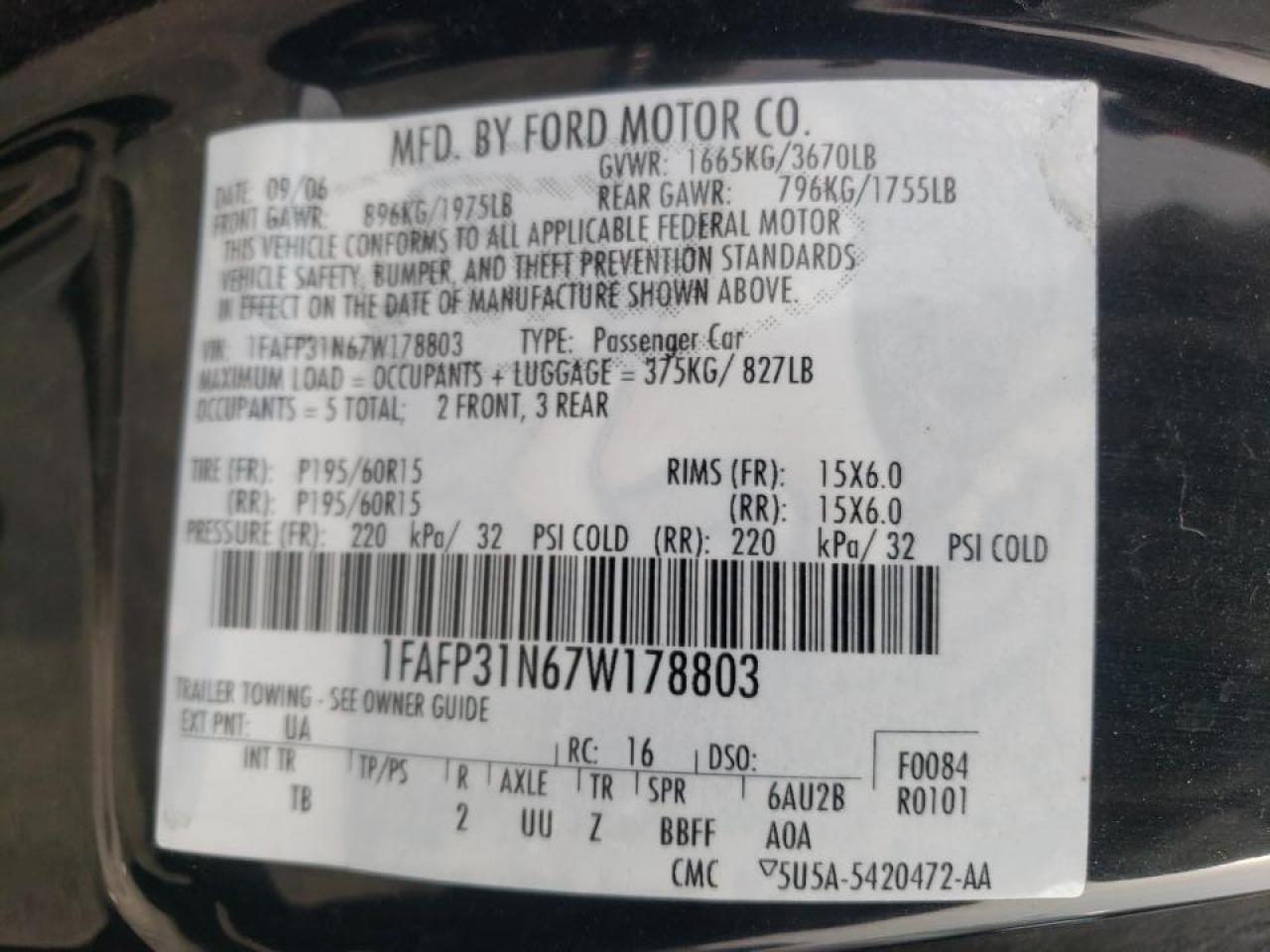 Photo 10 from auction – 2007 FORD FOCUS ZX3 with VIN 1FAFP31N67W178803