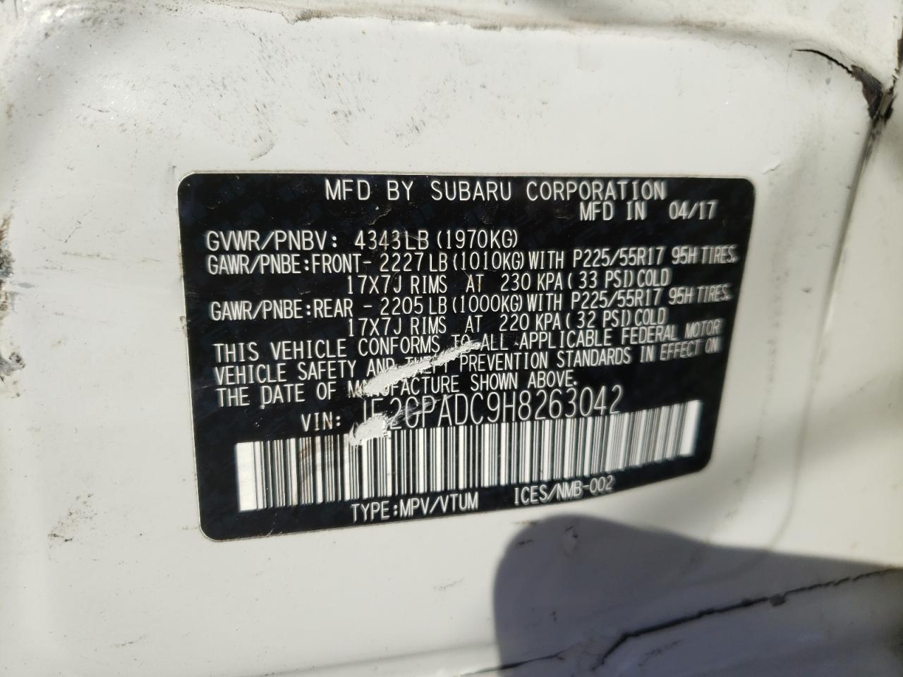Photo 10 from auction – 2017 SUBARU CROSSTREK with VIN JF2GPADC9H8263042