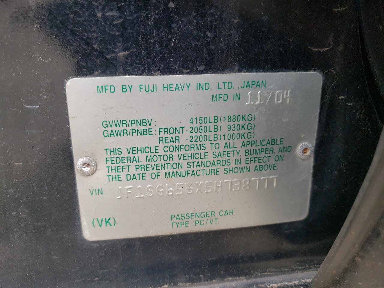 Photo 10 from auction – 2005 SUBARU FORESTER 2 with VIN JF1SG656X5H738777