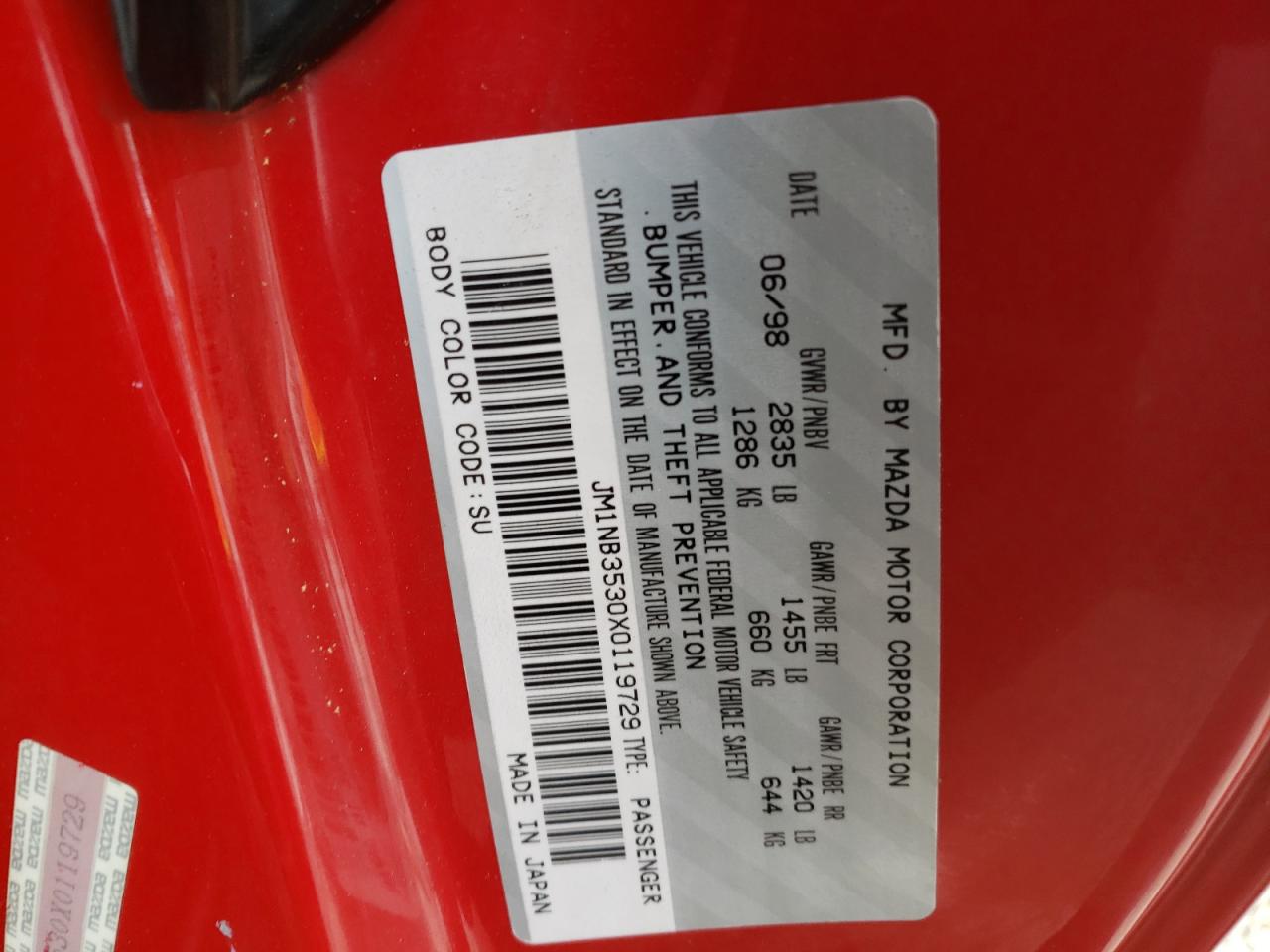 Photo 10 from auction – 1999 MAZDA MX-5 MIATA with VIN JM1NB3530X0119729