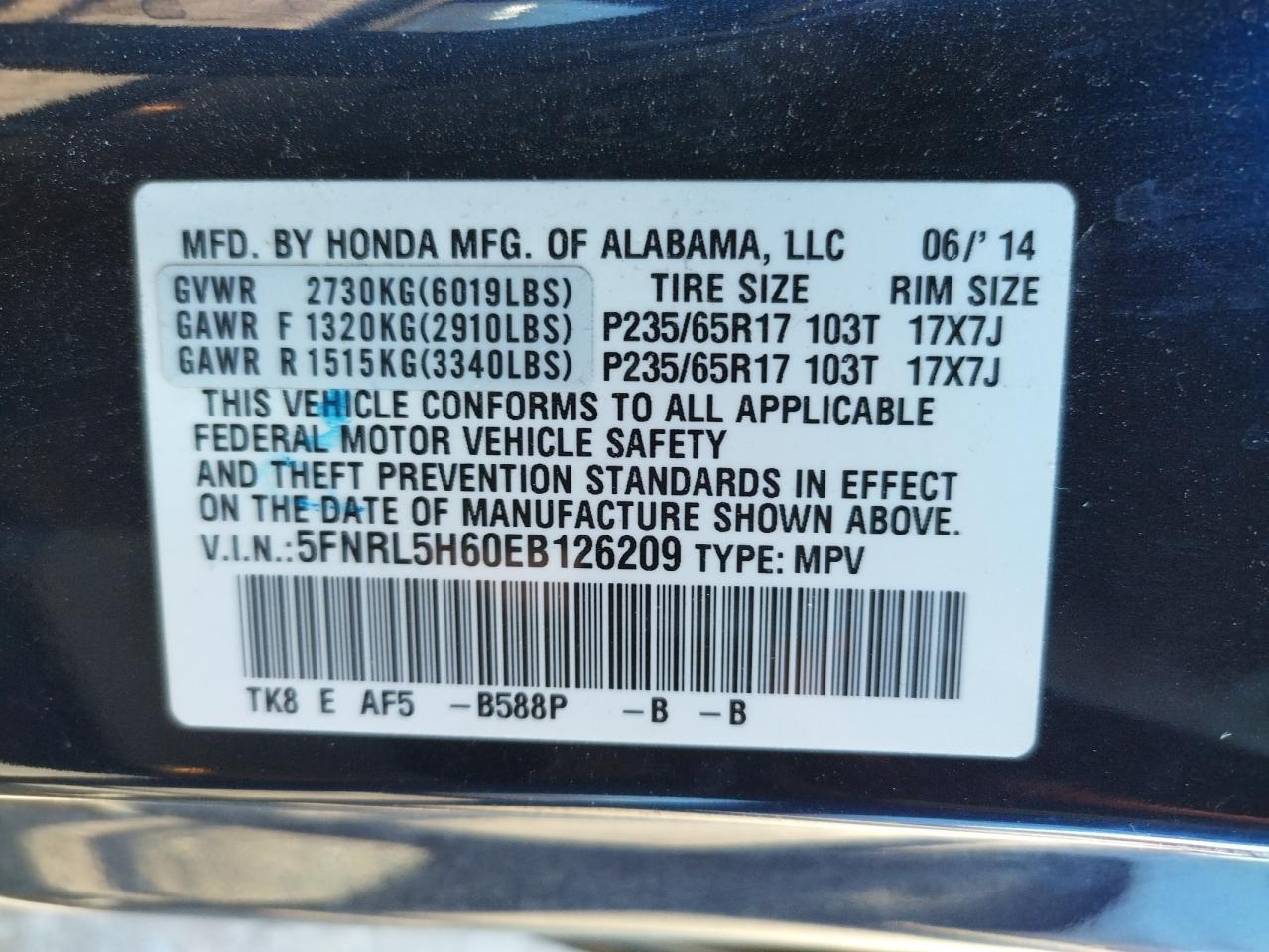 Photo 10 from auction – 2014 HONDA ODYSSEY EX with VIN 5FNRL5H60EB126209