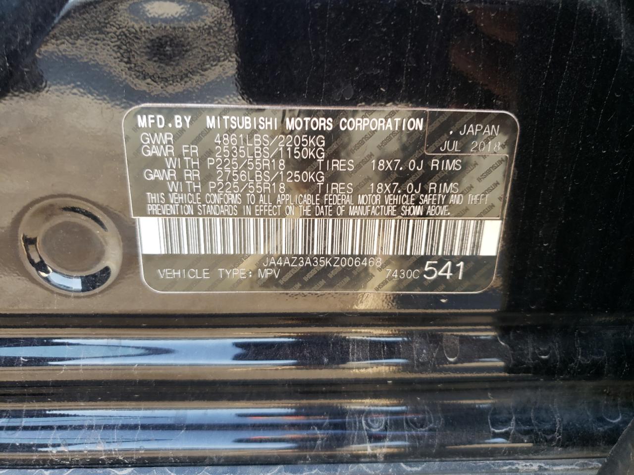 Photo 10 from auction – 2019 MITSUBISHI OUTLANDER with VIN JA4AZ3A35KZ006468