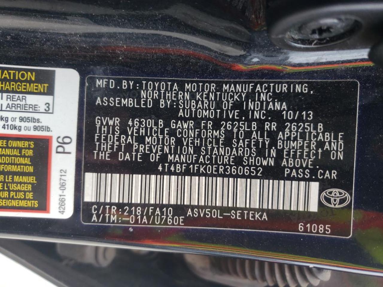Photo 10 from auction – 2014 TOYOTA CAMRY L with VIN 4T4BF1FK0ER360652