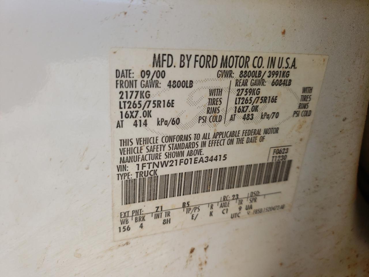 Photo 10 from auction – 2001 FORD F250 SUPER with VIN 1FTNW21F01EA34415